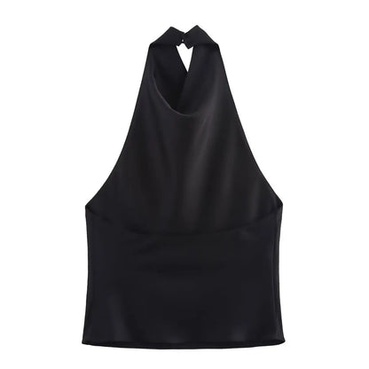 HH Spring Elegant Women Satin Halter Tops 2026 Summer Backless Off Shoulder Corset Vest Female Fashion Slim Crop Tank Top