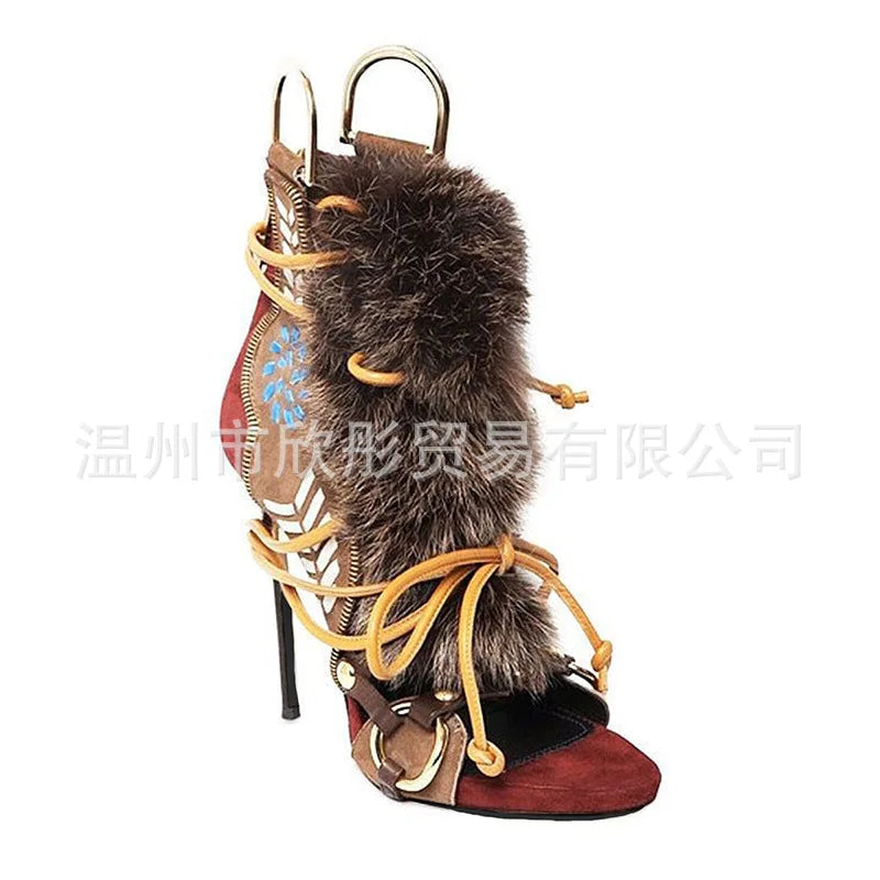 11.5cm Luxury Stiletto Women's Sandals Catwalk Open-toe Color Matching Straps Plush Women's Pumps and Heel Sandalias De Mujer