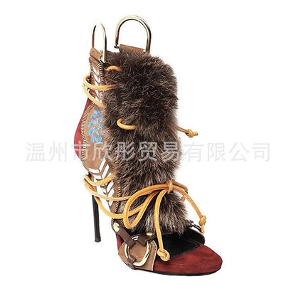 11.5cm Luxury Stiletto Women's Sandals Catwalk Open-toe Color Matching Straps Plush Women's Pumps and Heel Sandalias De Mujer