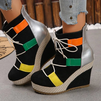 Women's Ankle Boots Wedge Heel Round Toe Platform Shoes Suede-Look Lace-Up Back Zipper Woven Trim Casual Street Style Footwear