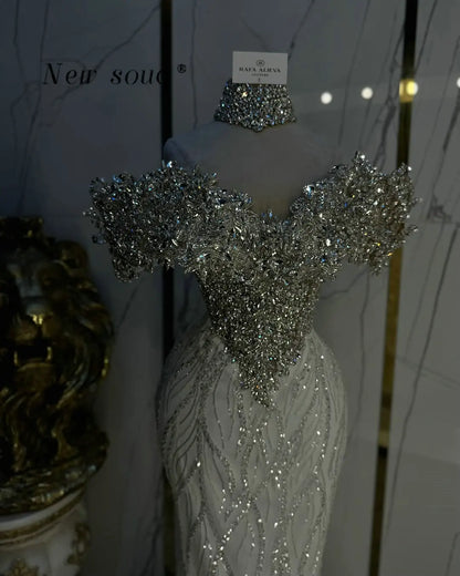 Shimmering Silver Crystals Off Shoulder Mermaid Evening Dresses Customized Long Formal Party Gowns for Women Dubai Vestidos