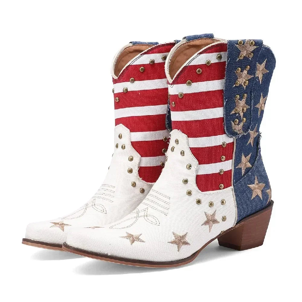 Western Women Cowboy Ankle Boots Denim Embroidery Star Rivet Warped Pointed Toe High Heels American Cowgirl Vintage Short Boots