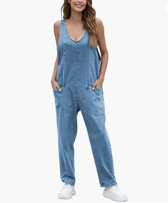 Denim Jumpsuit Women One Piece Sleeveless Rompers Pocket V Neck Spliced Casual Overalls Loose Jeans Jumpsuit Y2k Streetwear