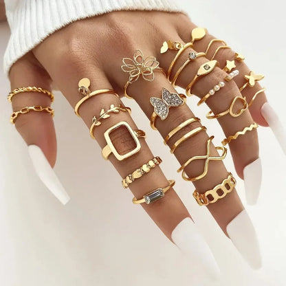 Boho Gold Color Rings Set For Women Fashion Cubic Zircon Heart Star Moon Flower Finger Rings Female Simple Trendy Jewelry Gifts