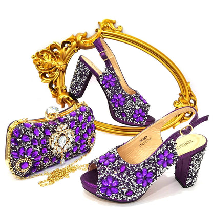 Summer Italian Latest Design Ladies Luxury Rhinestone High Heel Shoes and Bag Set To Go To Wedding Christmas Party Wear