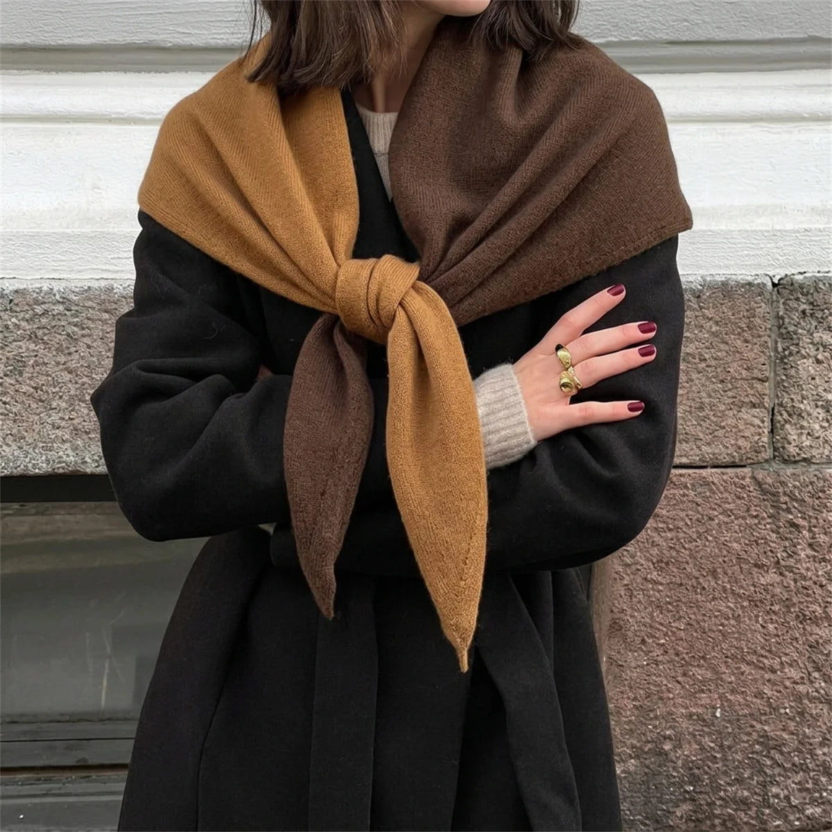 Women Sided Color Knitted Triangle Scarf Fashion Wool Turban Shawl Light Neck Wrap Multi-purpose for Daily and Travel Outfits