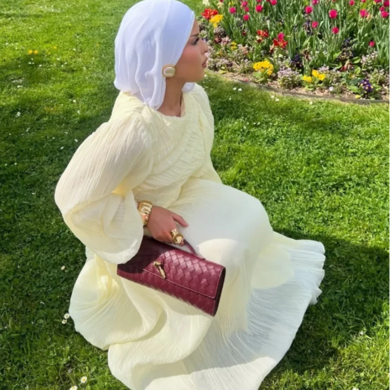 2026 Summer Women's Elegant Pleated Long Dress O-neck Loose Folds Lantern Sleeve Holiday Beach Commute Chic Vestidos