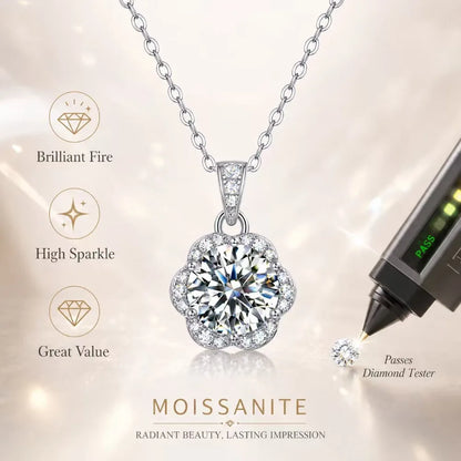 S925 Silver Moissanite Pendant Necklace 2CT Round Cut Flower Halo Design for Women Bridal Party Birthday Jewelry Gift