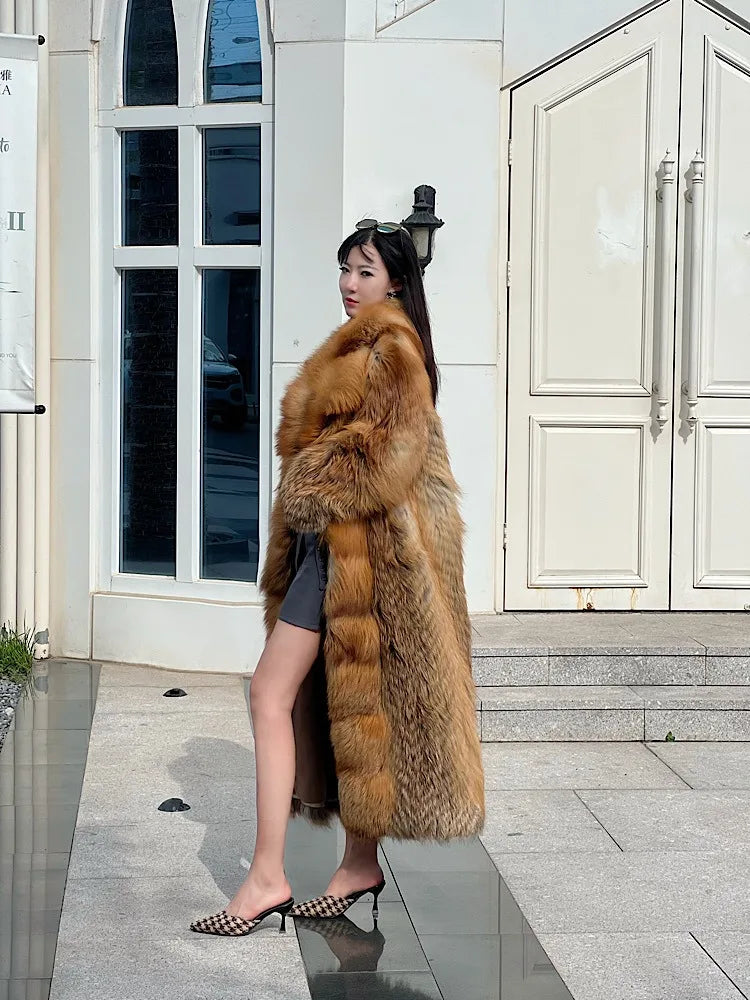 European and American big brand light luxury rare red fox fox fur coat women's long aura high-end catwalk young style winter