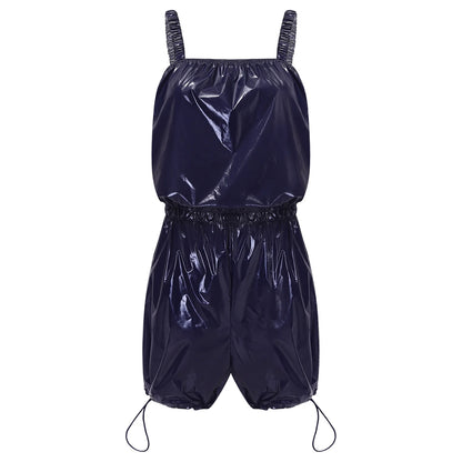 Womens Glossy Waterproof Diaper Cover Sling Bodysuit Waistband Drawstring Legs One-piece Cami Rompers Adaptive Short Jumpsuit