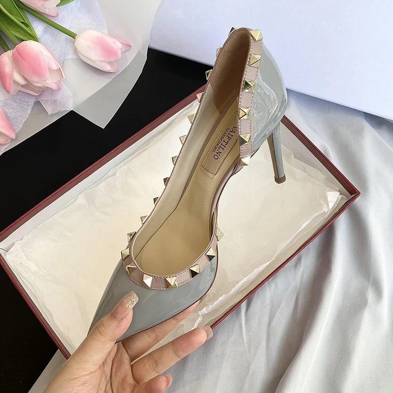 Luxury Brand Women's Shoes Woman Sandals Summer Rivets High Heels Side Empty Female Leather Fashion Prom Ladies Shoes Women 2026