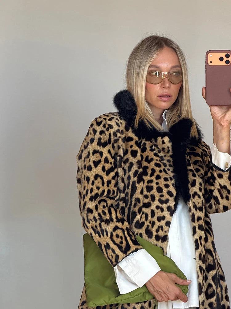 Vintage Leopard Print Coat Women Faux Fur Trim Collar Long Sleeve Loose Mid-length Warm Jacket Club Street Ladies Outerwear
