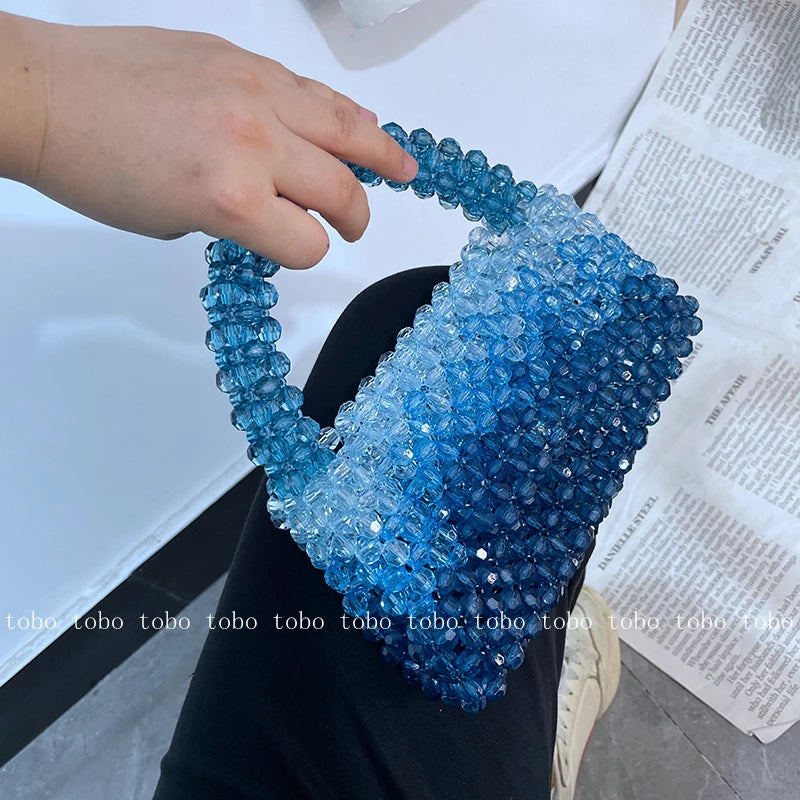 Gradient Blue Beaded Own Design Tote Bags for Women Customized Color Fashion Handbags for 2022 Chain Handle Clutch Evening Bag