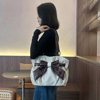 Trendy Vintage Women's Bow Handbag Y2k Casual Chic Lady Shoulder Bags All Match Aesthetic Dot Ins Underarm Bag Streetwear