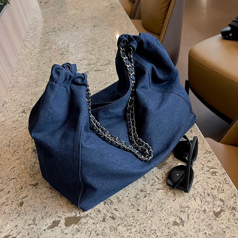 Chic Style Big Chain Shoulder Tote Bags For Women 2023 Luxury Designer Handbags Denim Fabric Pure Color Large Capacity Shoppers