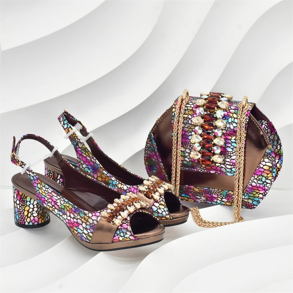 Fashion Italian Matching Nigerian Shoe and Bag with Rhinestone Wedding Shoes for Women Bride African Shoes and Bags Matching Set