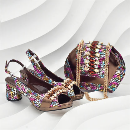 Fashion Italian Matching Nigerian Shoe and Bag with Rhinestone Wedding Shoes for Women Bride African Shoes and Bags Matching Set