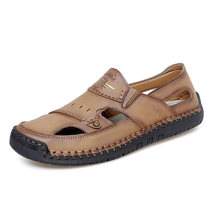 Mens Walking Shoes Summer Breathable Leather Hand Sewn Minimalist Baotou Flat Shoes Soft Elastic Daily Casual Male Sandalia