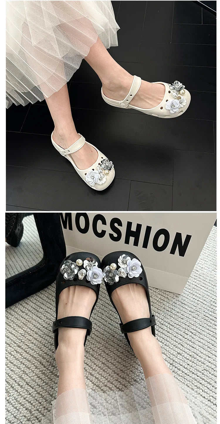 Clogs Summer Slippers Women Luxury Pearl Metal Flower Mary Janes Designer Ballet Shoes Girls Corc Charms Sandals Indoor Outdoor
