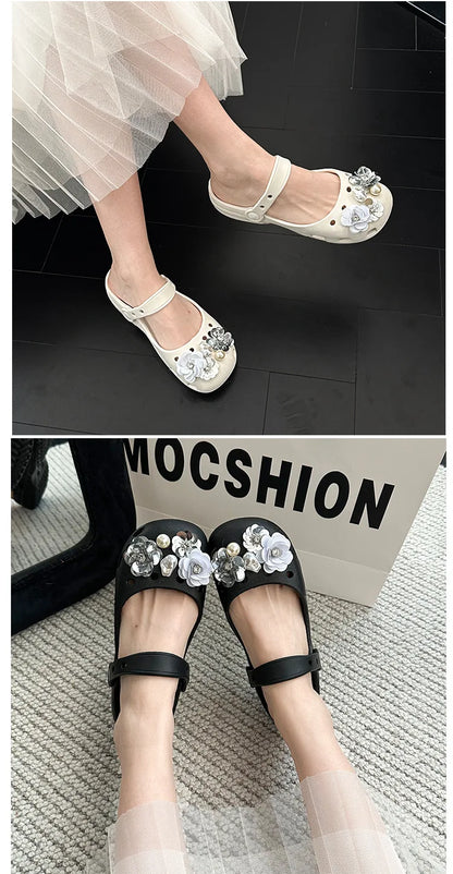 Clogs Summer Slippers Women Luxury Pearl Metal Flower Mary Janes Designer Ballet Shoes Girls Corc Charms Sandals Indoor Outdoor