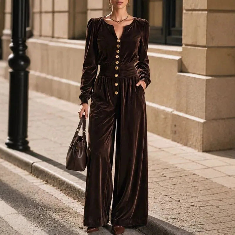 Elegant Solid Corduroy Overalls Ladies Notched V-Neck Long Sleeve Buttons Elastic Waist Romper New Autumn Casual Party Jumpsuits
