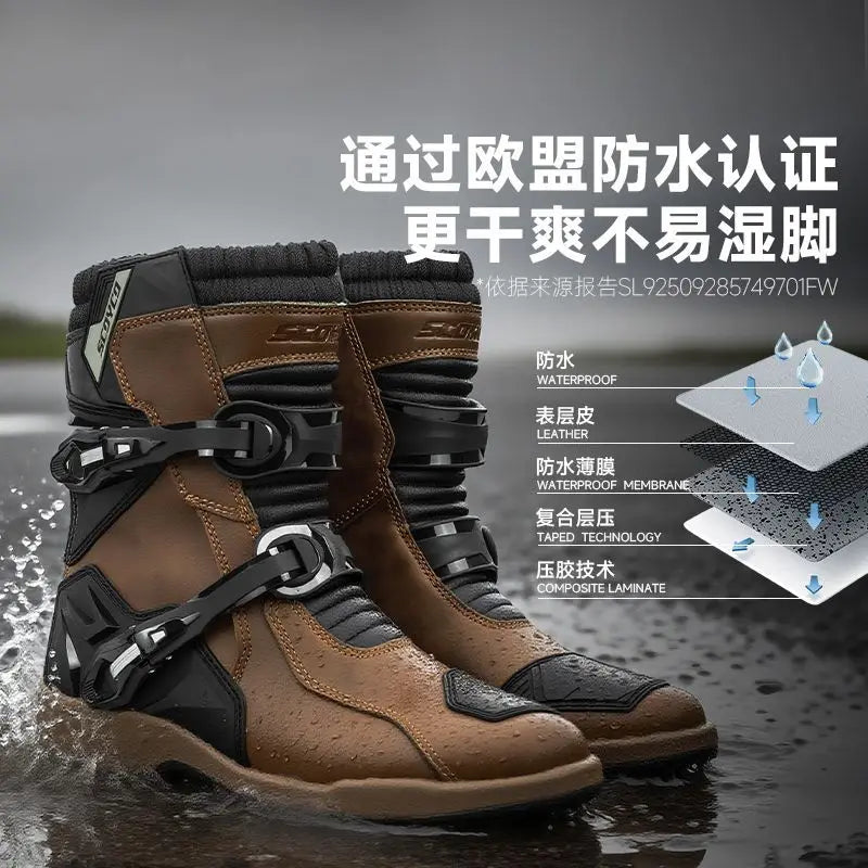 SCOYCO Retro Motorcycle Boots Cowhide Waterproof Mid-Calf Long Boots Riding Motocross Bota Motorbike Botas Motocross Shoes
