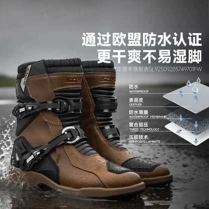 SCOYCO Retro Motorcycle Boots Cowhide Waterproof Mid-Calf Long Boots Riding Motocross Bota Motorbike Botas Motocross Shoes