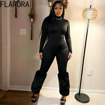 FLARORA Sexy Faux Fur Patchwork Jumpsuits Woman Turtleneck Full Sleeve Skinny Peach Hip Jumpsuit Midnight Party Club Overalls