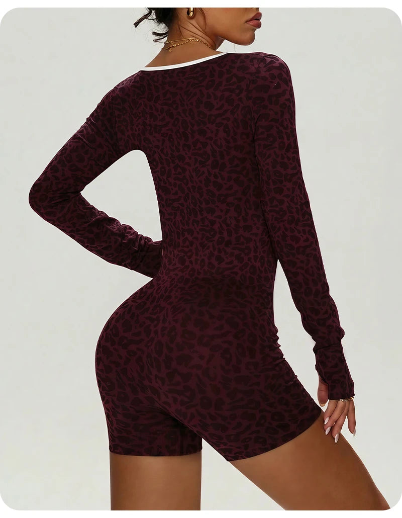 Women's Leopard Print Long Sleeve Yoga Jumpsuit Slim Fit One Piece Workout Romper Shorts Athletic Fitness Bodysuit