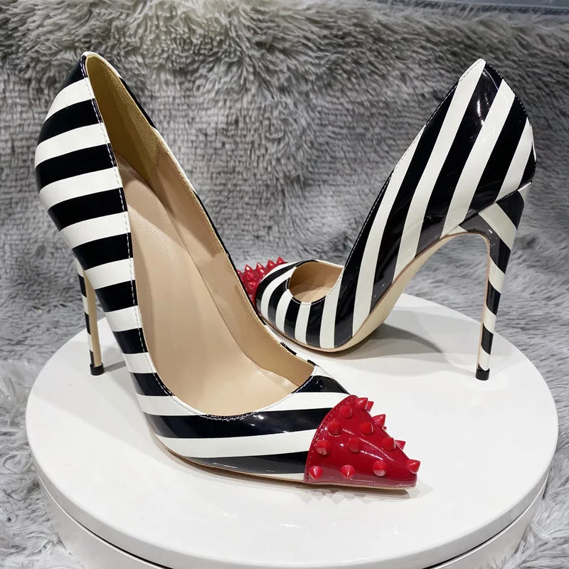 Black and white striped patent leather color blocked rivet pointed thin heel shallow mouth sexy super high heels single shoe