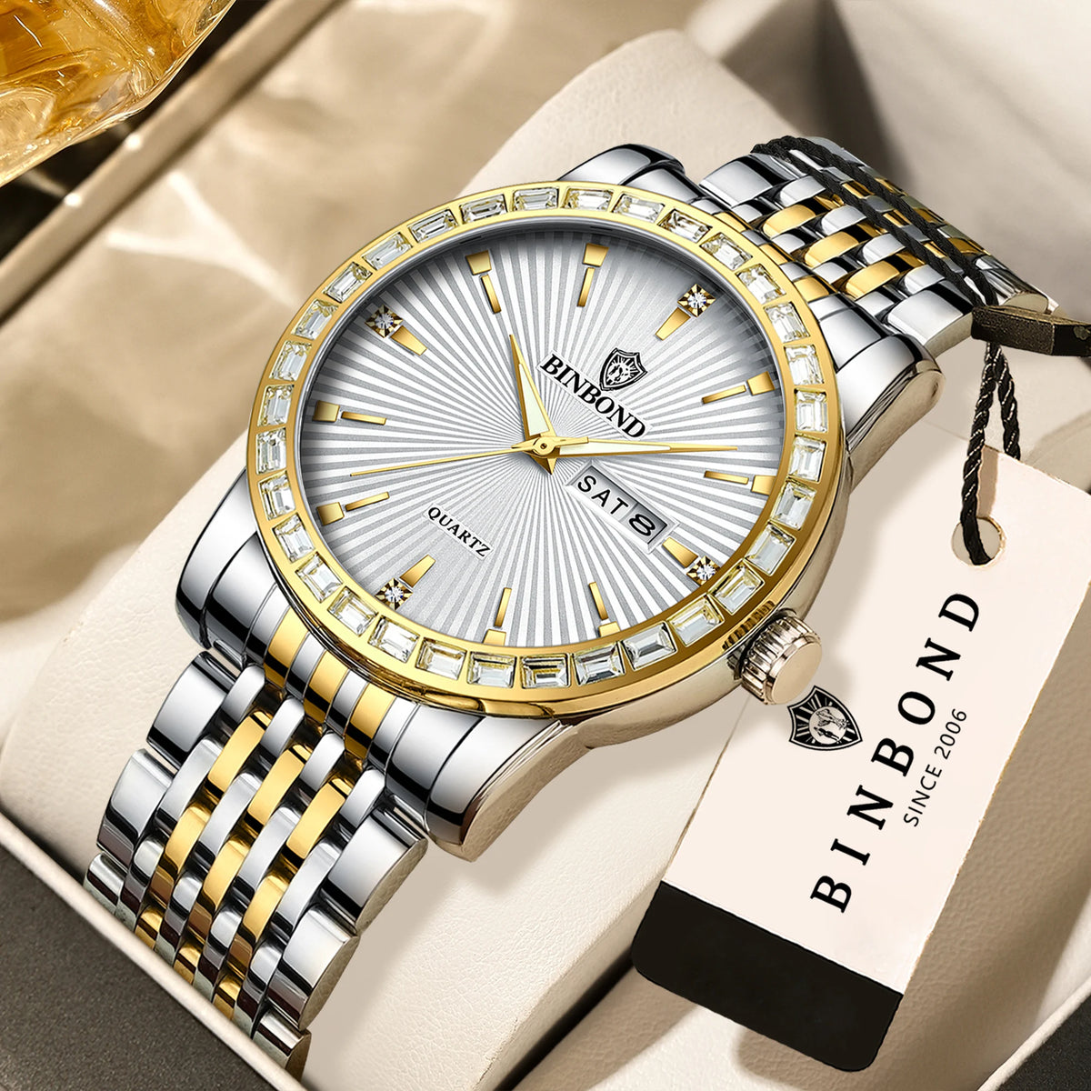 BINBOND Luxury Quartz Watches For Men Luminous Waterproof Men's Wristwatch Reloj Hombre Original Man Watch With Diamond