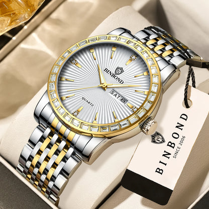 BINBOND Luxury Quartz Watches For Men Luminous Waterproof Men's Wristwatch Reloj Hombre Original Man Watch With Diamond