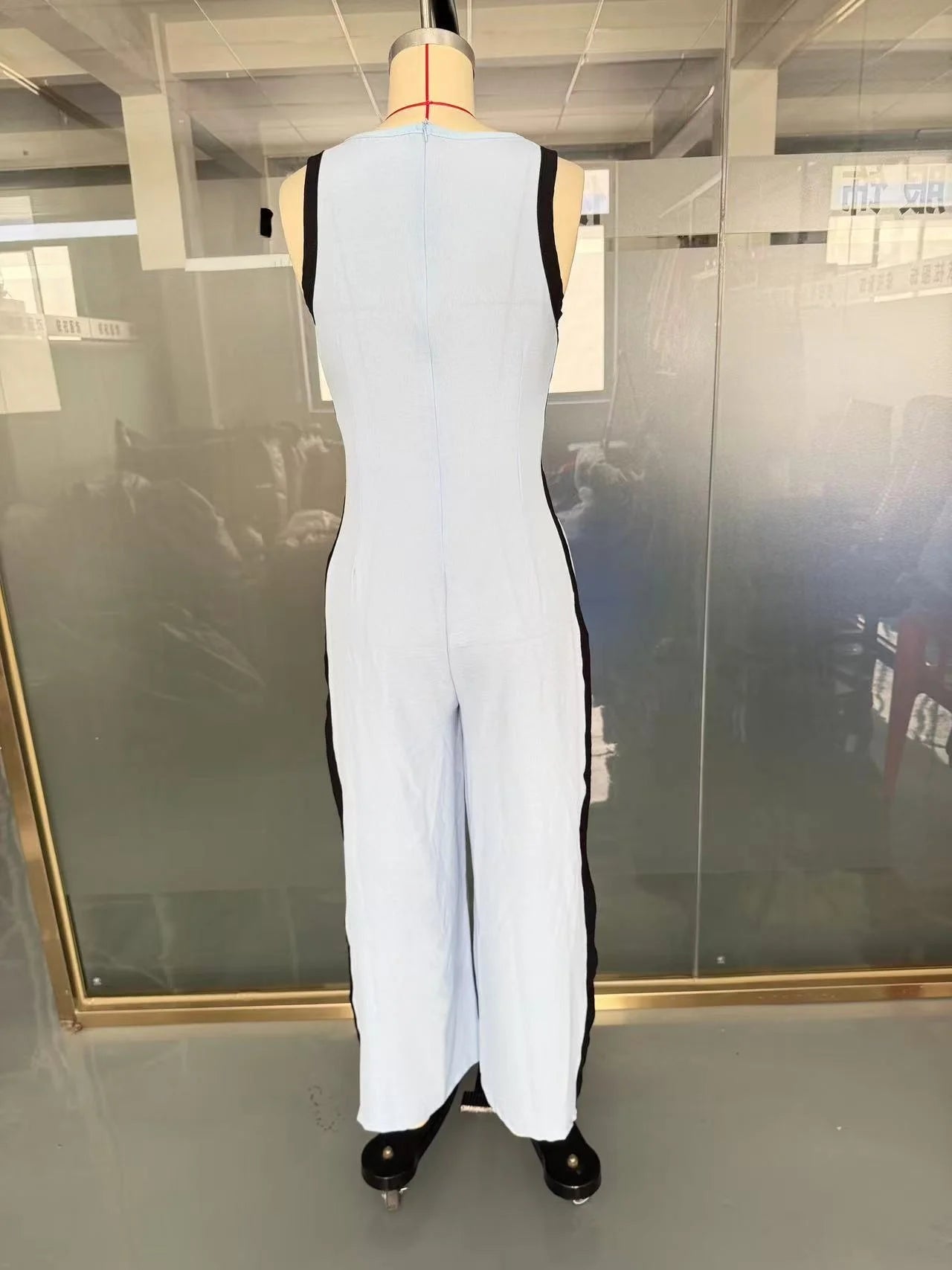 Women Color Block Deep V Neck Sleeveless Jumpsuit Side Stripe Wide Leg Pants Casual Pocket Romper Elegant Party Long Jumpsuits