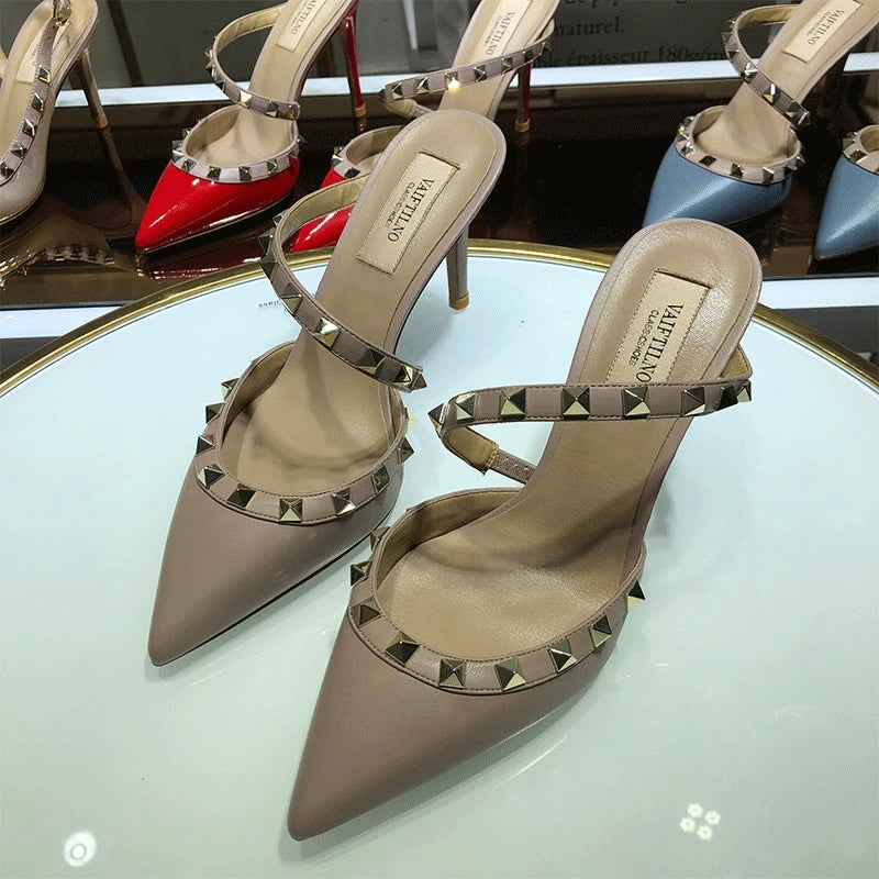 Heeled Sandals Summer Luxury Brand Rivets Women Slippers Fashion Leather Slingbacks Heels Slippers Designer Party Prom Shoes