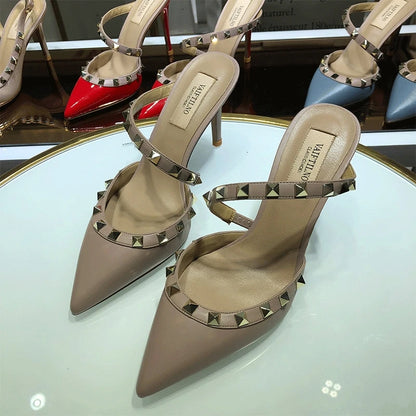 Heeled Sandals Summer Luxury Brand Rivets Women Slippers Fashion Leather Slingbacks Heels Slippers Designer Party Prom Shoes