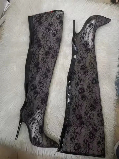 Spring Women Lace With PVC Thigh High Boots Sexy Pointed Toe Stiletto High Heels Transparent Over The Knee Boots Bigger Size 44