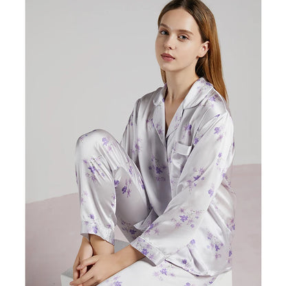 19MM 100% Mulberry Silk Pajamas Women Silk Sleepwear Lady Long-sleeved TrousersTwo-piece Spring Summer  Loose Sexy Home Clothes