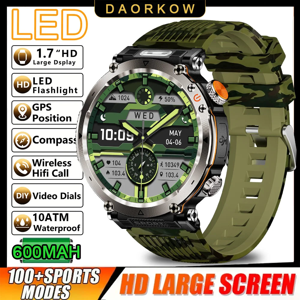 DAORKOW 2026 New Model 10ATM Waterproof 600mAh Smartwatch Compass LED Flashlight Bluetooth Call Outdoor Sports Smartwatch