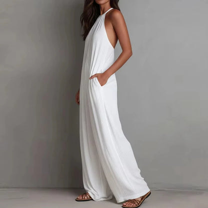 Women's Halter Sleeveless Jumpsuit New Beach Vacation Textured Overalls with Pockets Wide Leg Romper Casual Spring Summer Outfit