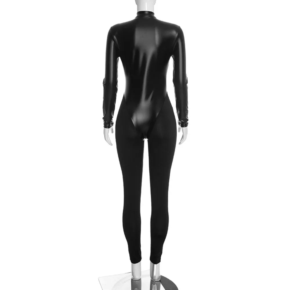 FLARORA Fashion Pu Leather Patchwork Jumpsuits Woman Stand Collar Full Sleeve Zip Skinny Peach Hip Midnight Party Club Overalls