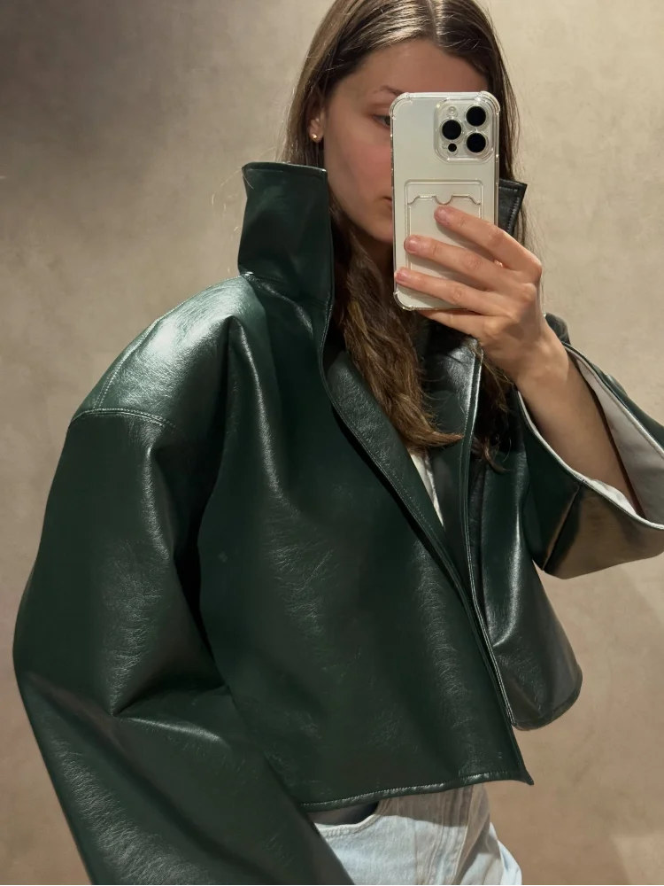 Women Cropped PU Leather Jacket Stand Collar Wide Flare Sleeve Asymmetrical Wrap Open Front Coat 2026 Autumn Chic Loose Jackets