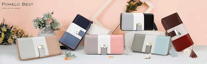 Pomelo Best Tri-color Women's Wallet Zipper Long Billfold PU Leather Large 9 Card Slots Coin Purse RFID Blocking Tassel Pendant