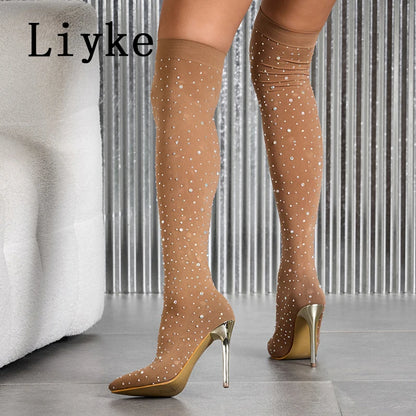 Liyke Sexy Pointed Toe Crystal Rhinestone Stretch Fabric Thigh High Boots Women Thin Heels Over The Knee Socks Shoes Size 35-43