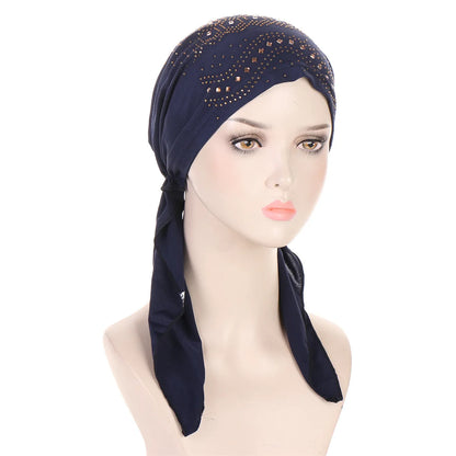 Fashion Diamond Women's Hijab Solid Color Muslim Ladies Turban Bonnet Soft Elastic Long Tail Head Wrap Head Scarf Indian Hats