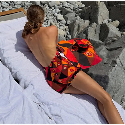 Abstract Print Halter Neck Deep V Sleeveless Short Jumpsuit Self Tie Back 2026 Spring Summer Beach Party Lady Women Outfit