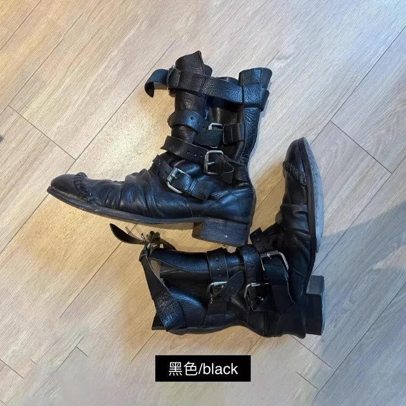 Black Multiple Buckles Pleated Mid-Calf Boots Woman Winter 2026 Round Toe Chunky Heels Punk Style Biker Boots Knight Boots