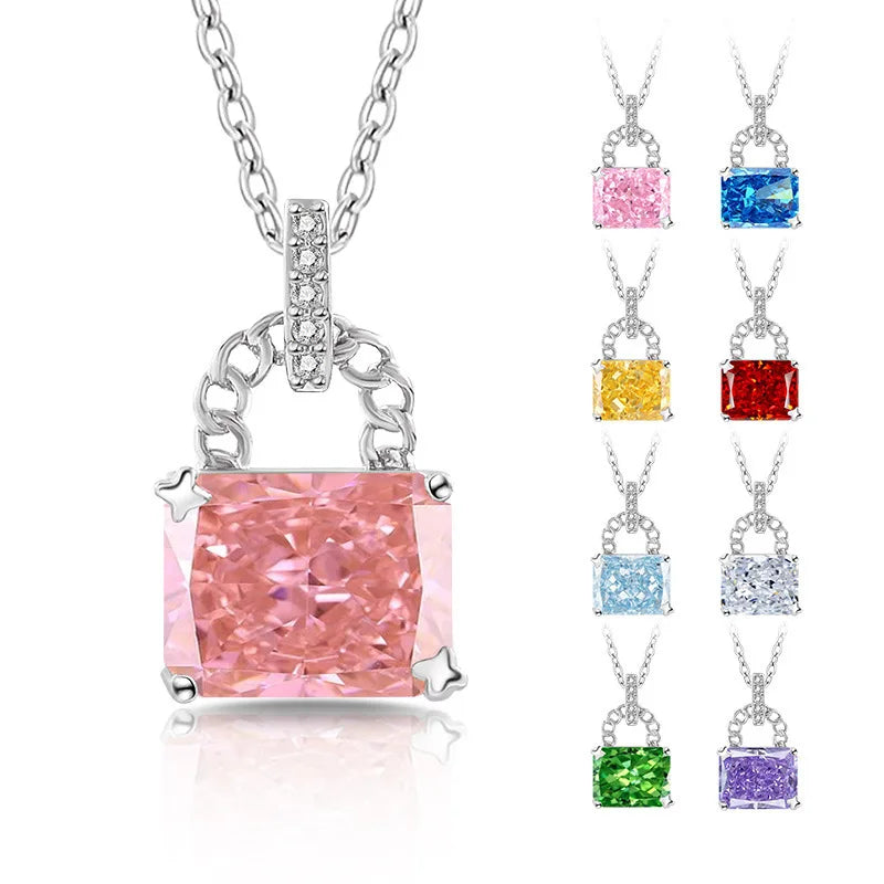 925 Sterling Silver Elegant Fashion High Carbon Diamond Ice Flower Cut Small Lock Pendant Necklace Daily Versatile