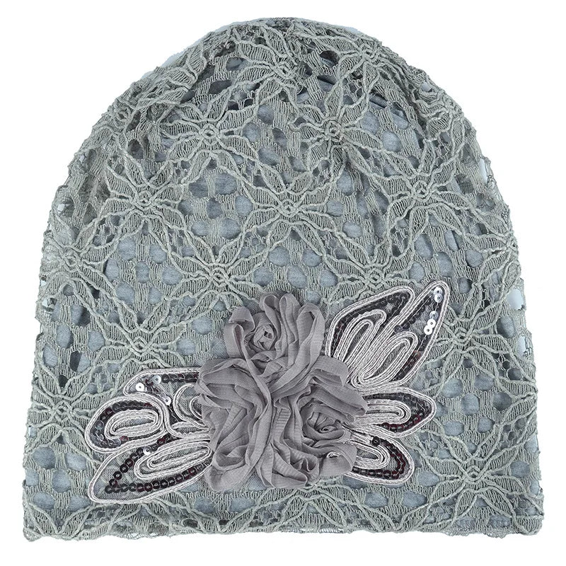 Elegant Women Sequins Lace Turban Cap Flowers Muslim Headwear Hat Female Head Wraps Ladies Headscarf Bonnet Turbante Mejur