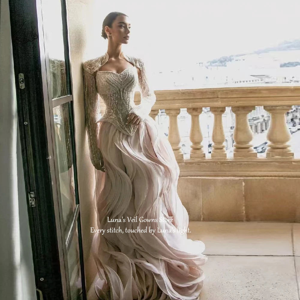 LunaV Elegant Evening Dresses Sexy V-Neck Long Sleeve Beaded Layered Ruffled High Slit Prom Dress Formal Vestidos Customized