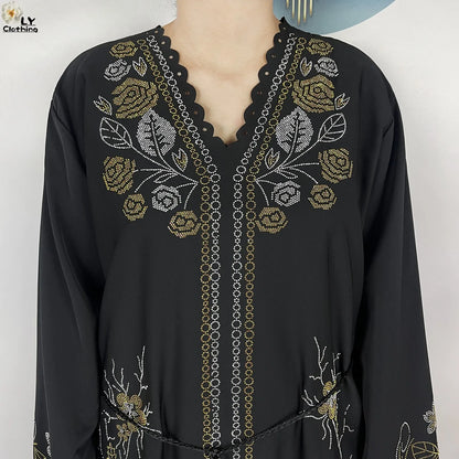 New Style Fashion Dubai Muslim Women Dress Elegant Arabic Femme Hijab Long Sleeve Chiffon Diamond Abaya Islamic Turkey Clothing